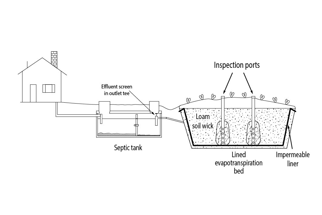 Septic tank to lined evapotranspiration (ET) bed