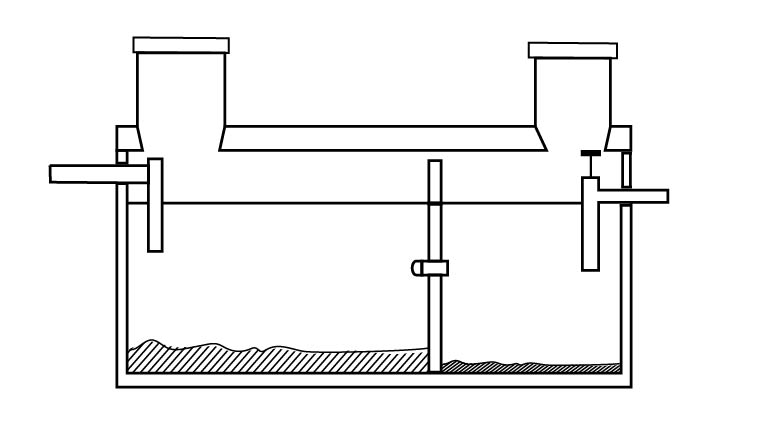 Septic tank two compartment center baffle configuration