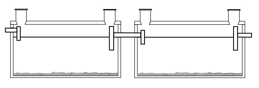 Septic tank multiple tank overflow baffle same elevation configuration
