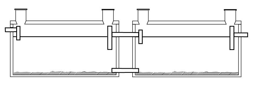 Septic tank multiple tank overflow baffle same elevation with sludge pipe configuration